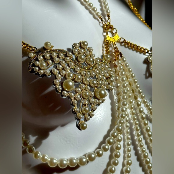 Mermaid Pearl Rhinestone & Gold Chain Jewelry Top fits B-D cup Handmade Unique - Picture 14 of 15